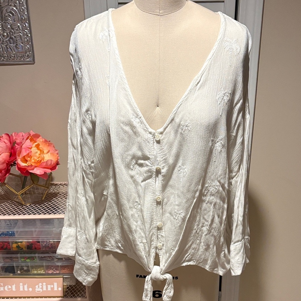 White Button-Up Blouse with tie and palm tree embroidery